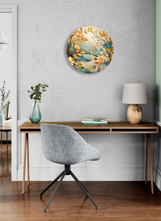 Tempered Glass Wall Clock - Modern Abstract Nature Design, Floral Leaves Decor