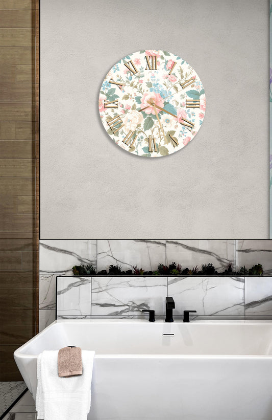 Tempered Glass Wall Clock - Floral Pink Blue Flowers | Shabby Chic Decor