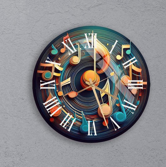 Tempered Glass Wall Clock – Colorful Music Notes Abstract Modern Decor Gift