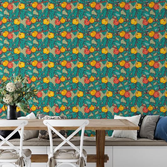 a dining area with a wooden table and chairs, a vase of flowers, and a colorful wall with a repeating pattern of orange and green leaves and yellow fruits.