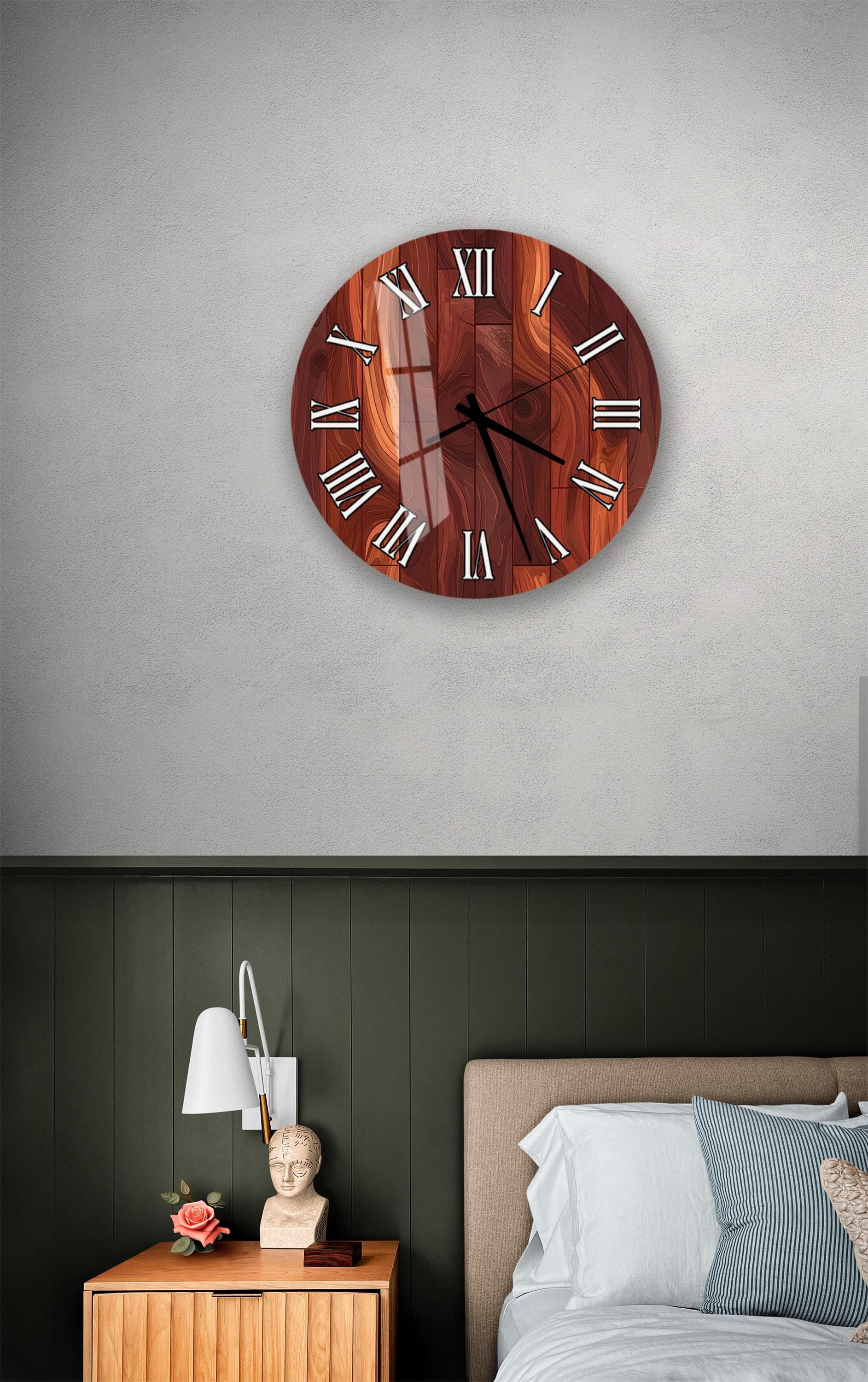 a bedroom setting with a wooden clock on the wall above a bed.
