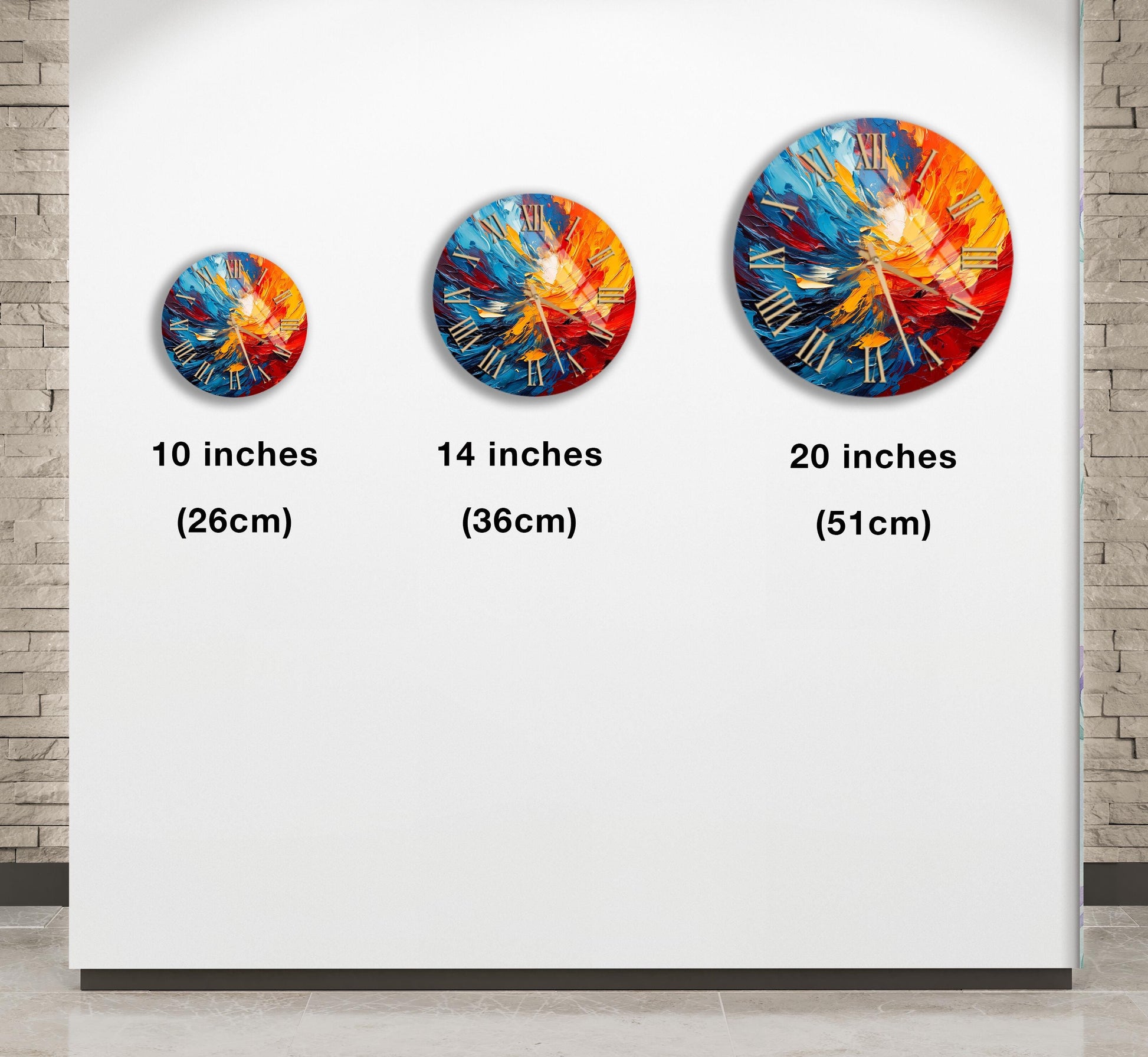 three different clock designs, each with a unique size and color scheme, displayed on a white wall.