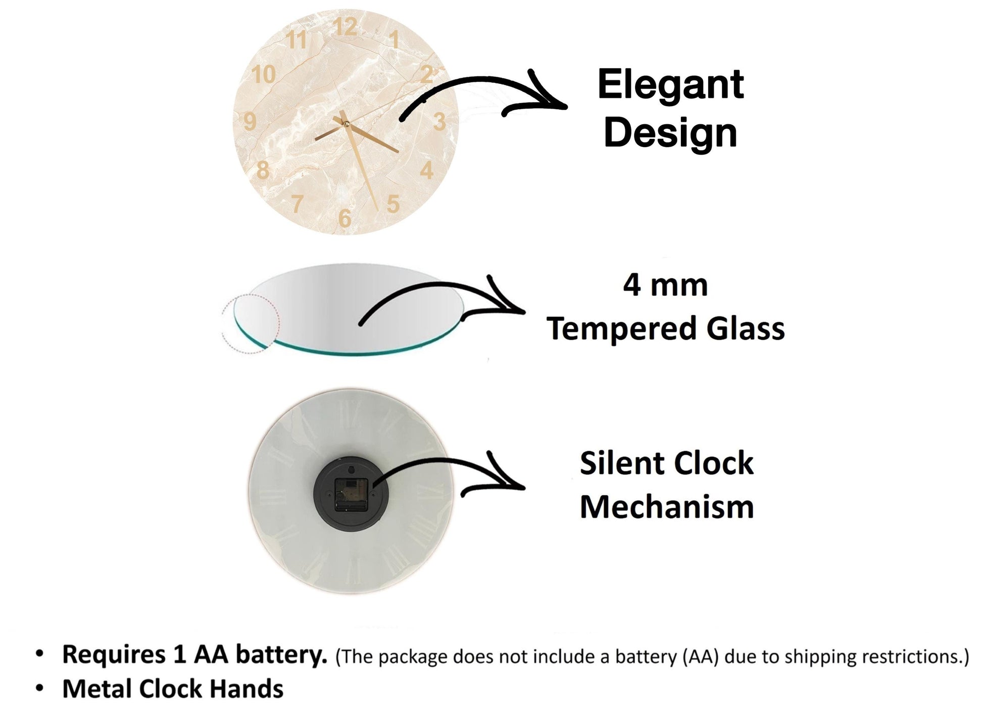 The image is a diagram that illustrates the features of a clock, including its design, size, and mechanism.