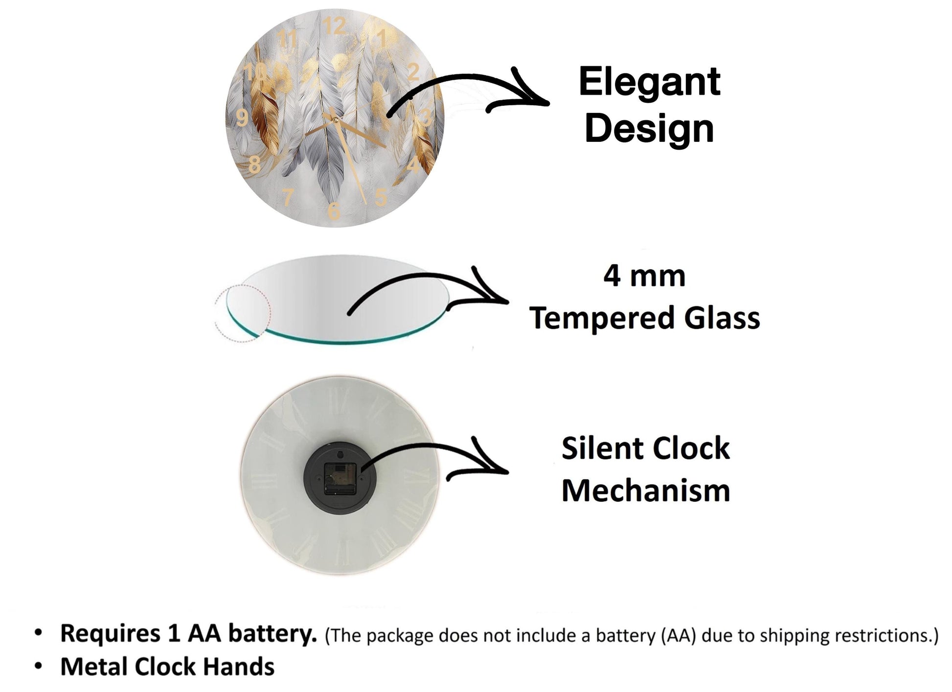 The image is a diagram that illustrates the features of a clock, including its design, size, and mechanism.