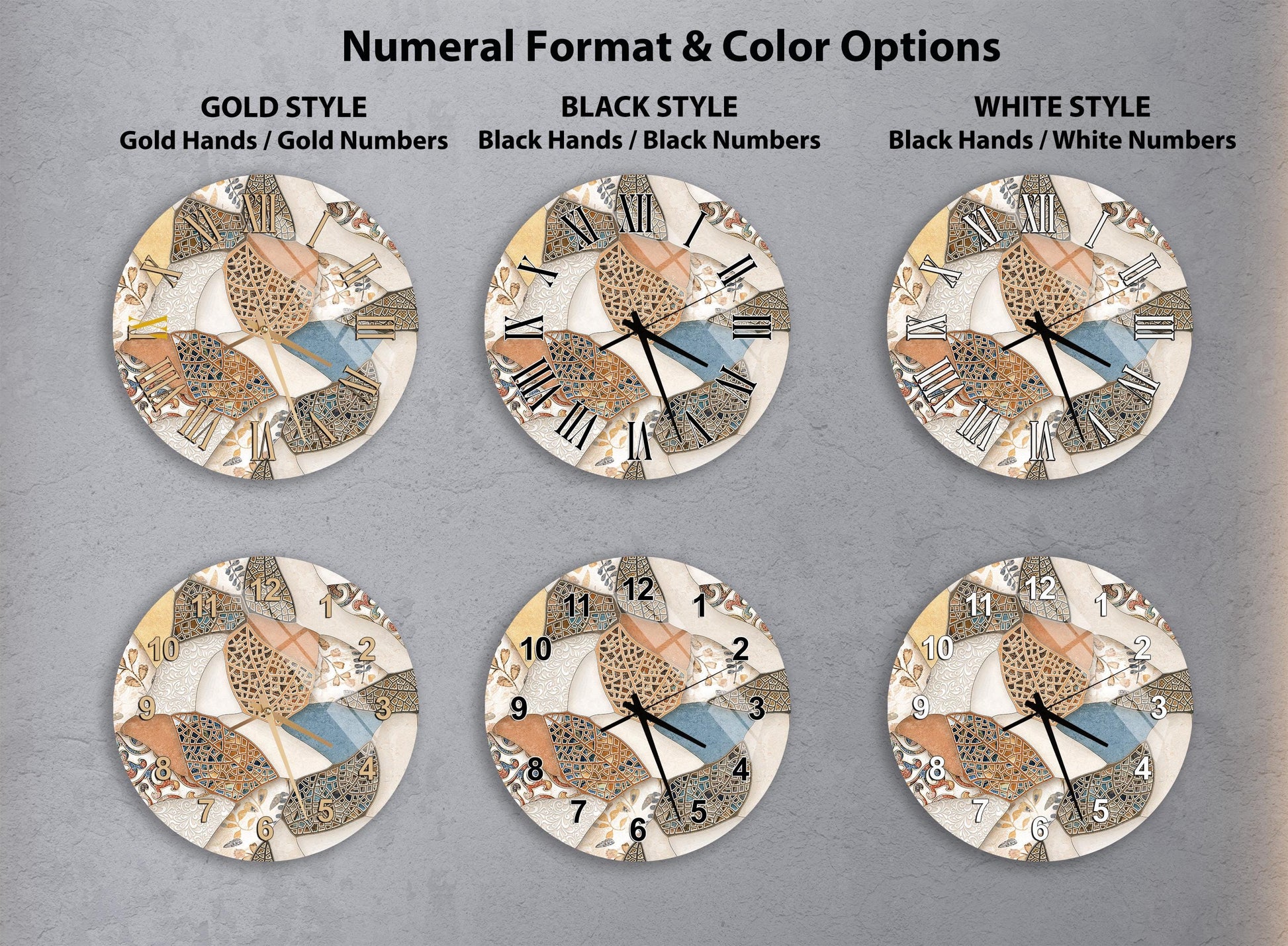 six different clock designs, each with a unique style and color scheme. The clocks feature various patterns and colors, including gold hands, black hands, and white numbers. The clocks are arranged in a grid format, showcasing the different styles and color options available for these wall clocks.
