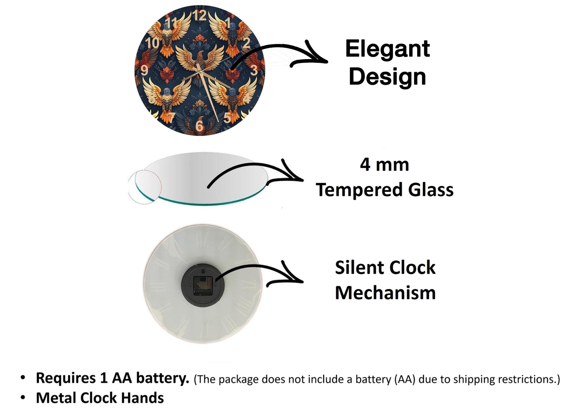 The image is a diagram that illustrates the features of a clock, including its design, materials, and mechanism. It shows a 4 mm Tempered Glass face, a silent clock mechanism, and a metal clock hand. The diagram also includes text that explains the features of the clock, such as the requirement of a 1 AA battery and the absence of a battery (AA) due to shipping restrictions.