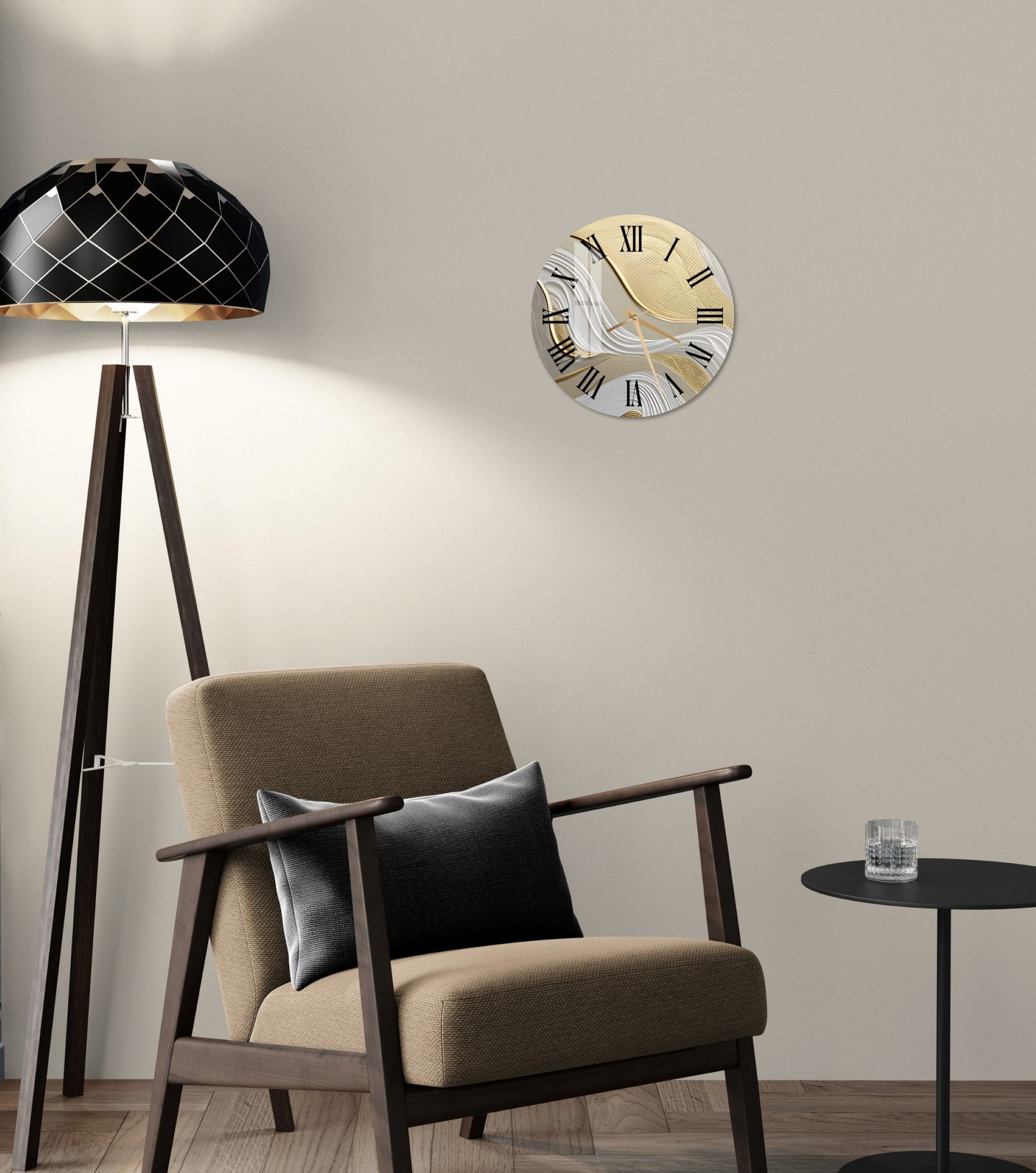 a living room with a chair and a clock on the wall