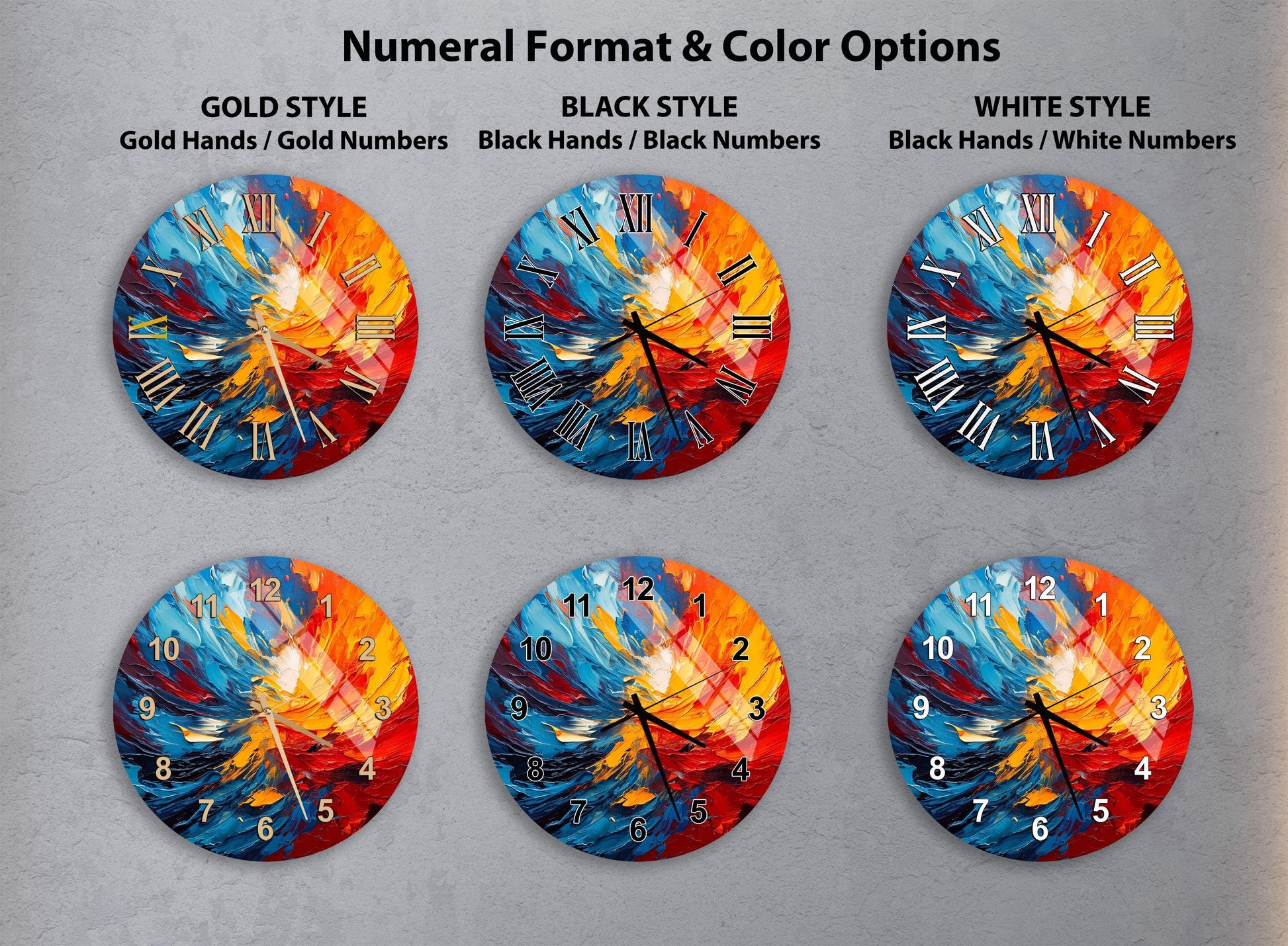 six different clock designs with various styles and color options, including gold, black, white, and black and white.
