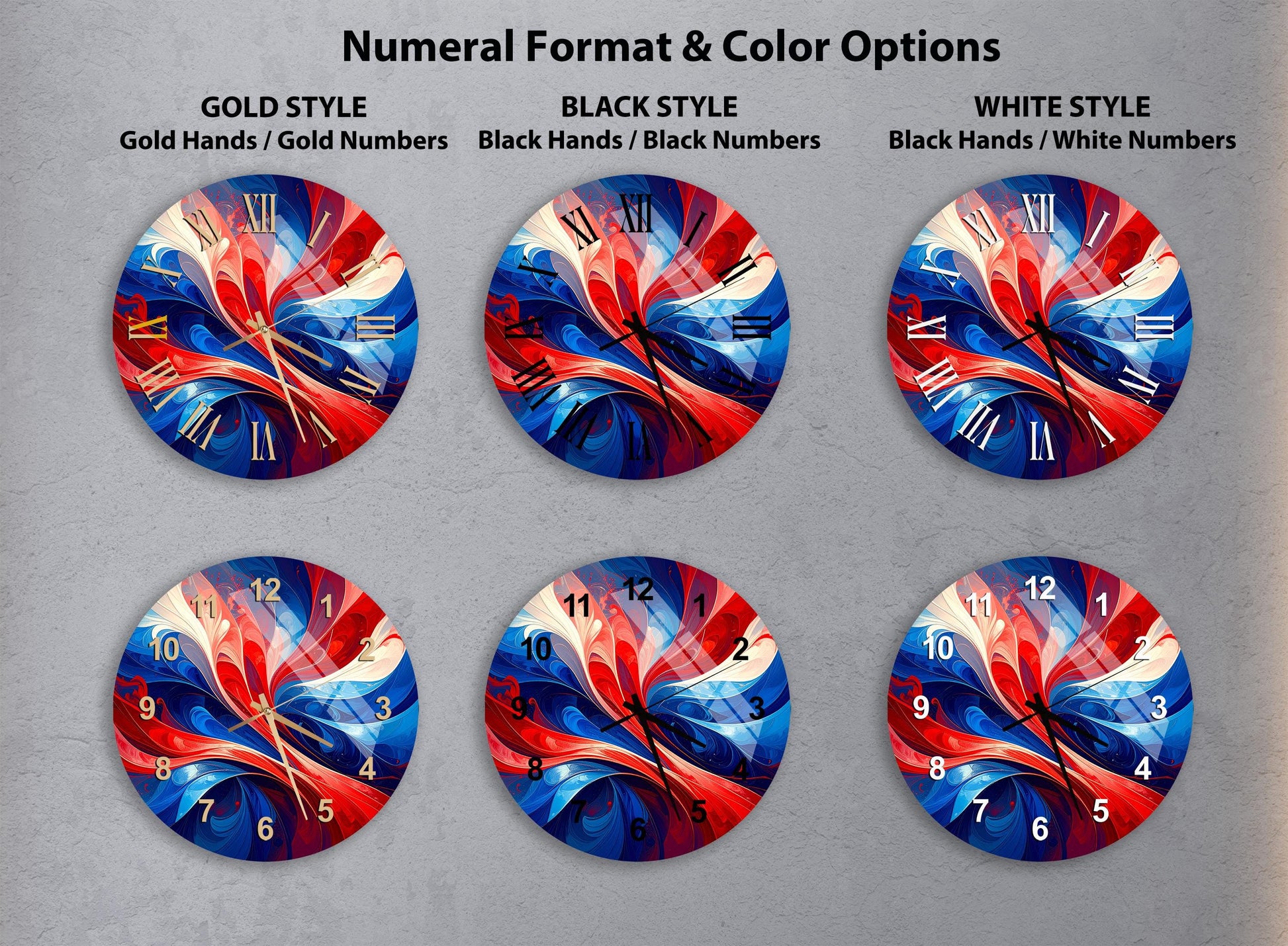 six different clock designs, each with a unique color scheme and style. The clocks are arranged in a grid format, with three rows and two columns. The clocks feature a combination of gold, black, and white colors, creating a visually striking contrast. The clocks are designed to be decorative and serve as wall art.