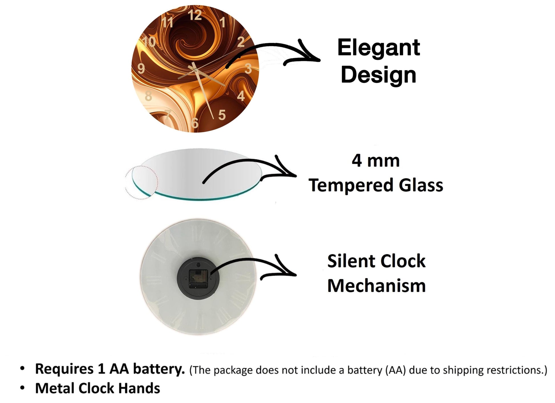 The image is a diagram that illustrates the features of a clock, including the type of glass used, the mechanism, and the battery requirements.