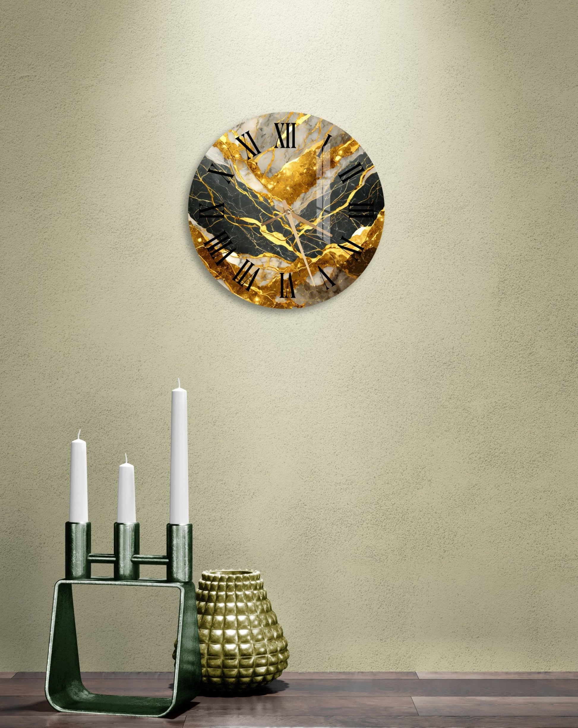a clock that is on the wall next to candles