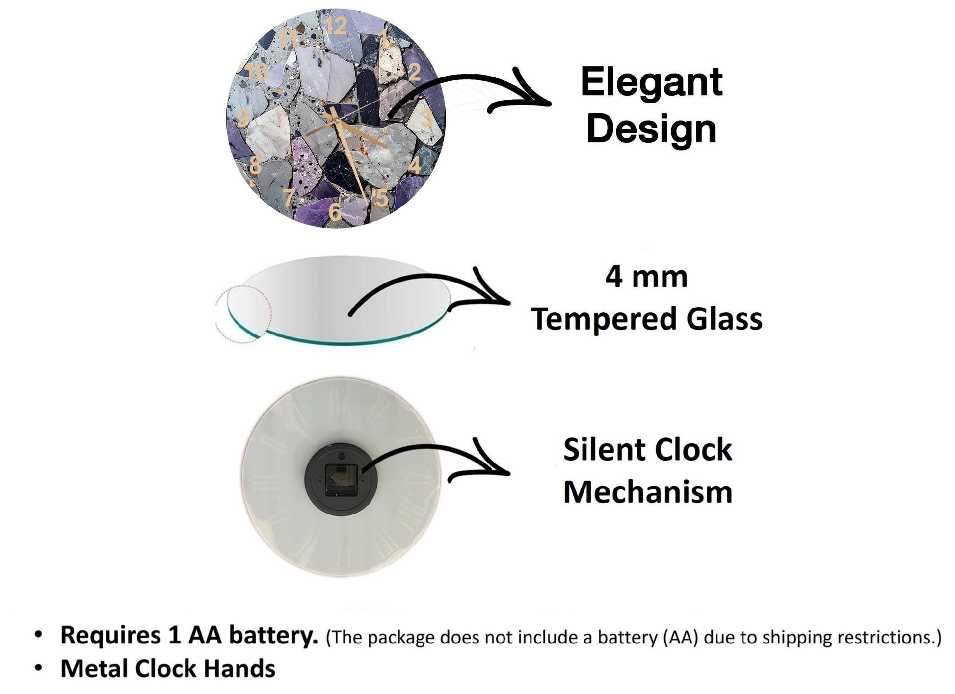 The image is a diagram that illustrates the features of a clock mechanism, including a 4 mm Tempered Glass face, a Silent Clock Mechanism, and Metal Clock Hands.
