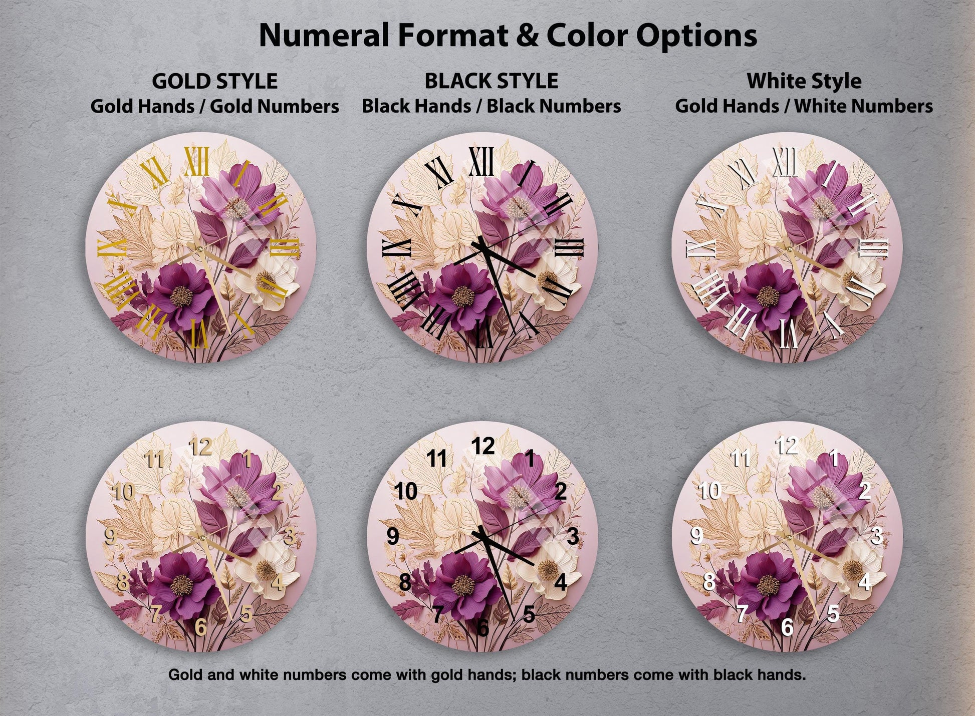a set of four clocks with flowers painted on them