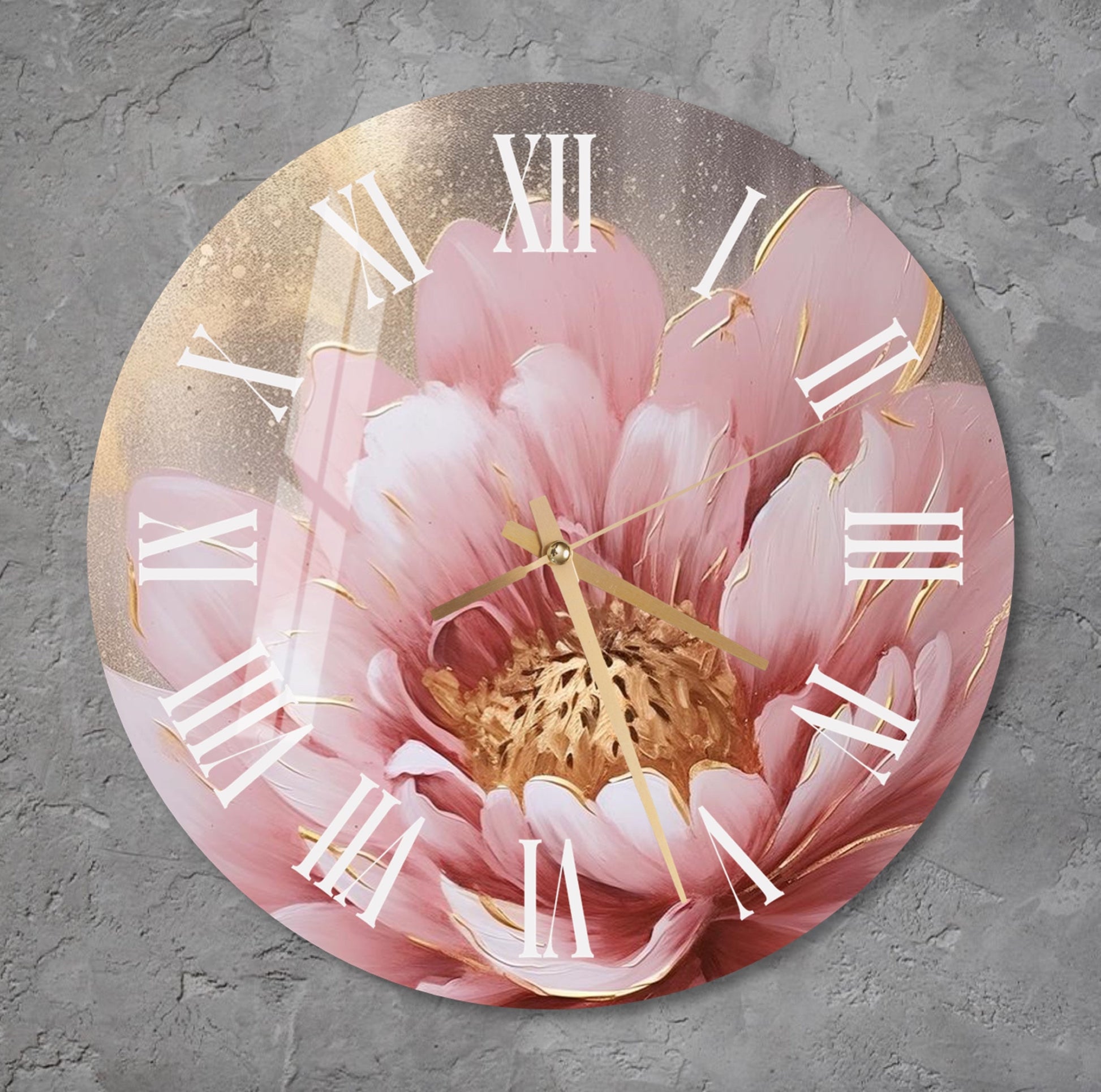 a clock with a pink flower painted on it