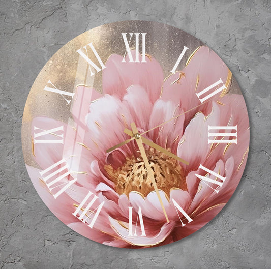 a clock with a pink flower painted on it