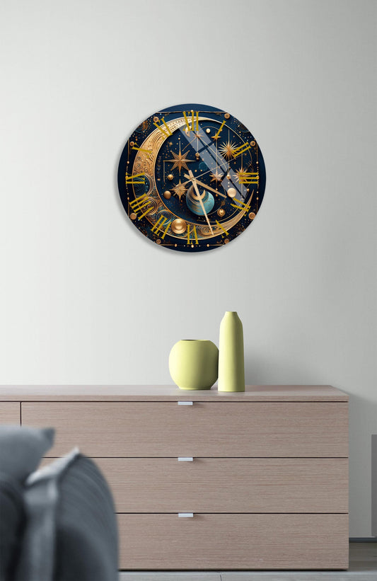 Tempered Glass Wall Clock - Celestial Lunar Phases Gold Decor | Silent Mechanism