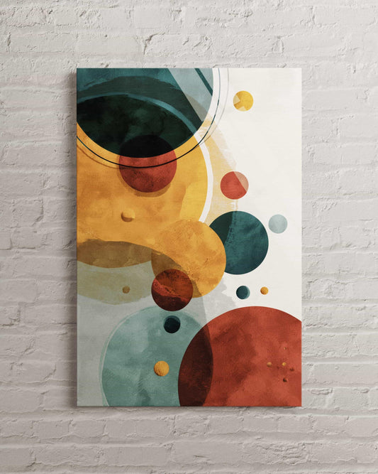 Mid-Century Modern Wall Art – Tempered Glass Abstract Circle Artwork Teal Rust Gold