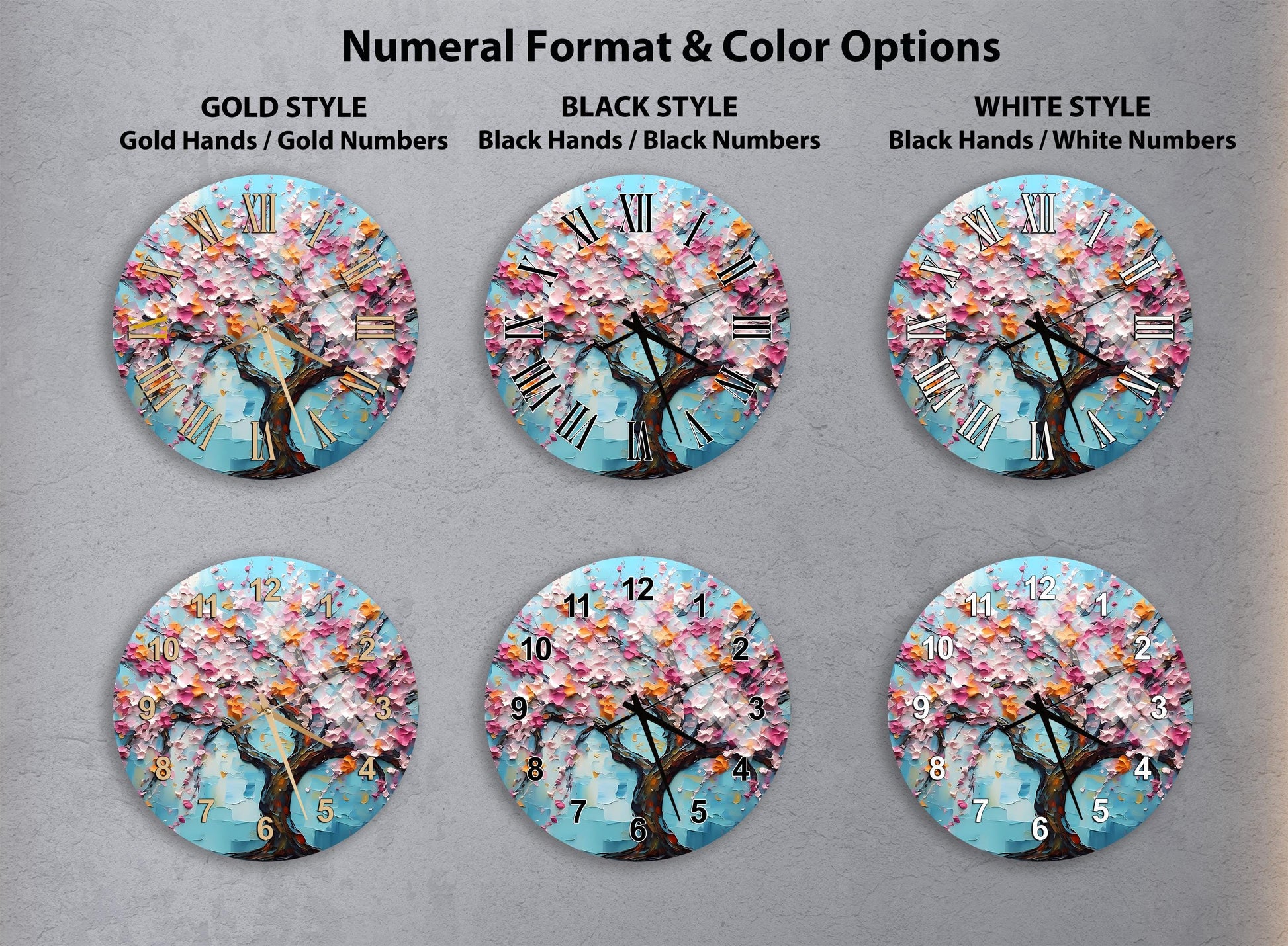 six different clock faces, each with a unique design and color scheme. The clocks are arranged in a grid format, with three rows and two columns. The clocks feature various styles, including gold, black, and white, as well as different color options for the hands and numbers.