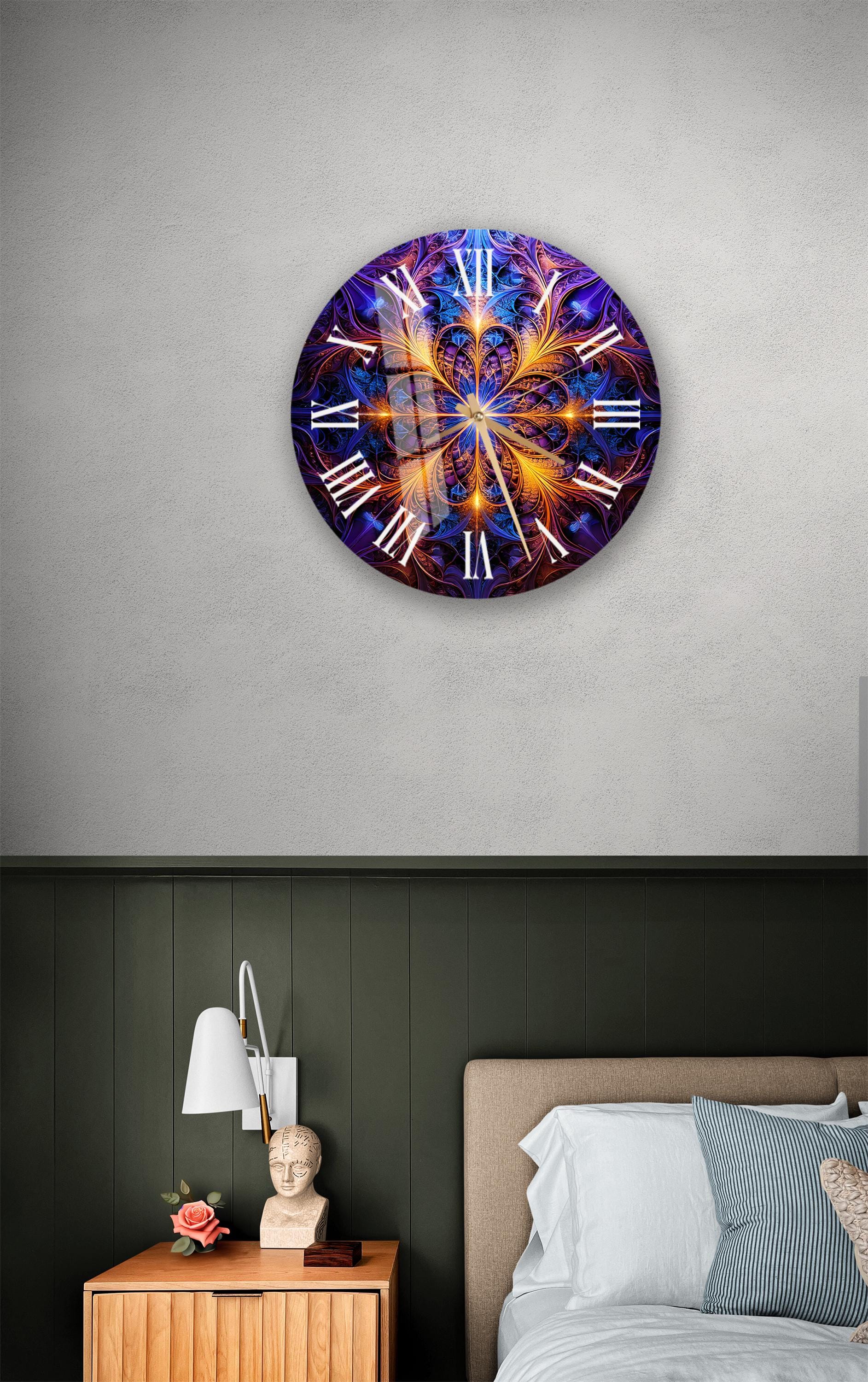 a bedroom with a bed and a large clock on the wall