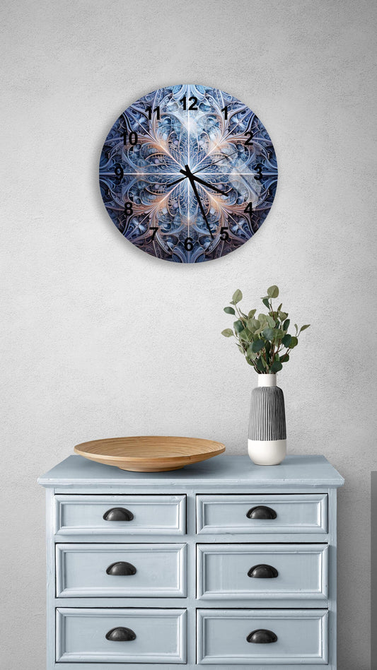 a clock on a wall above a dresser