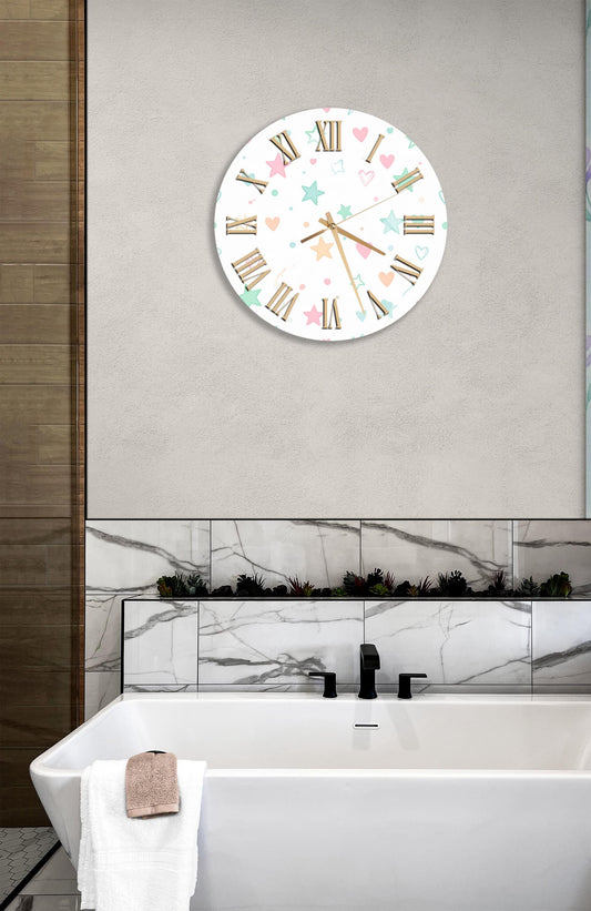 Tempered Glass Wall Clock – Pastel Stars & Hearts, Kids Room Decor, Silent Sweep