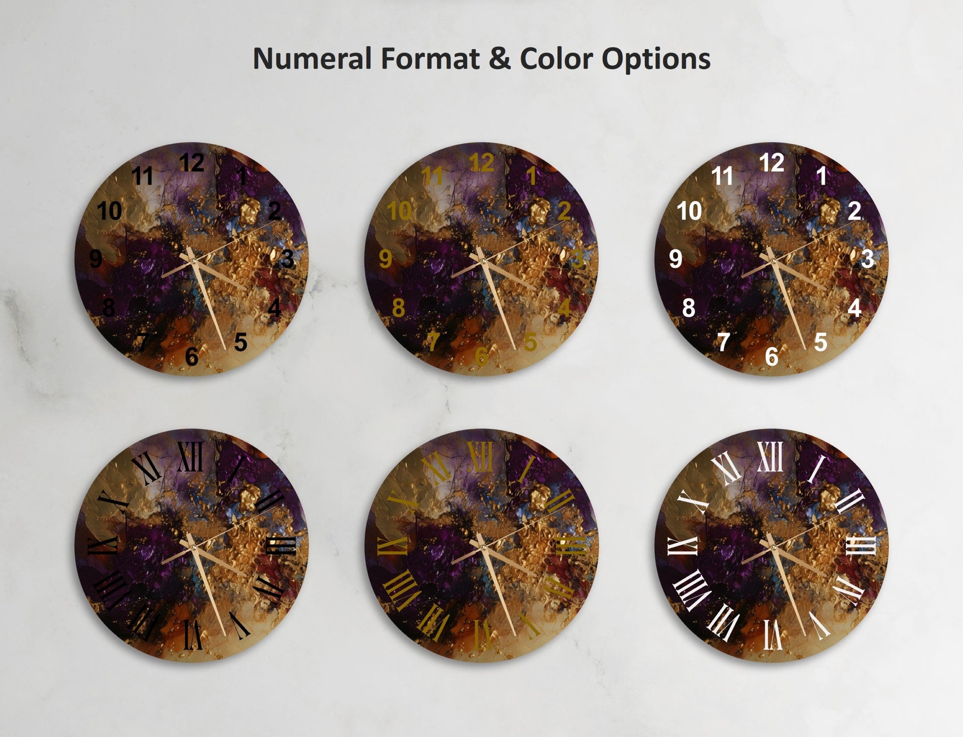 a set of four clocks with different designs on them