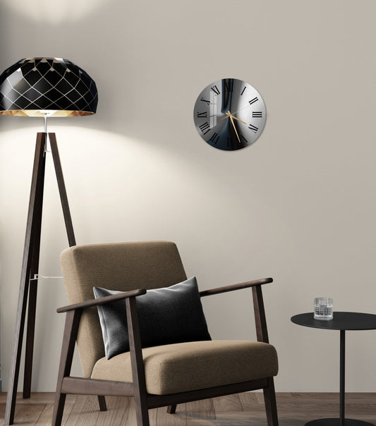 a living room with a chair and a clock on the wall