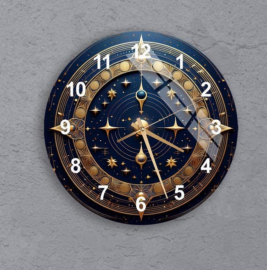 Tempered Glass Wall Clock - Celestial Lunar Phases Gold Decor | Silent, Modern