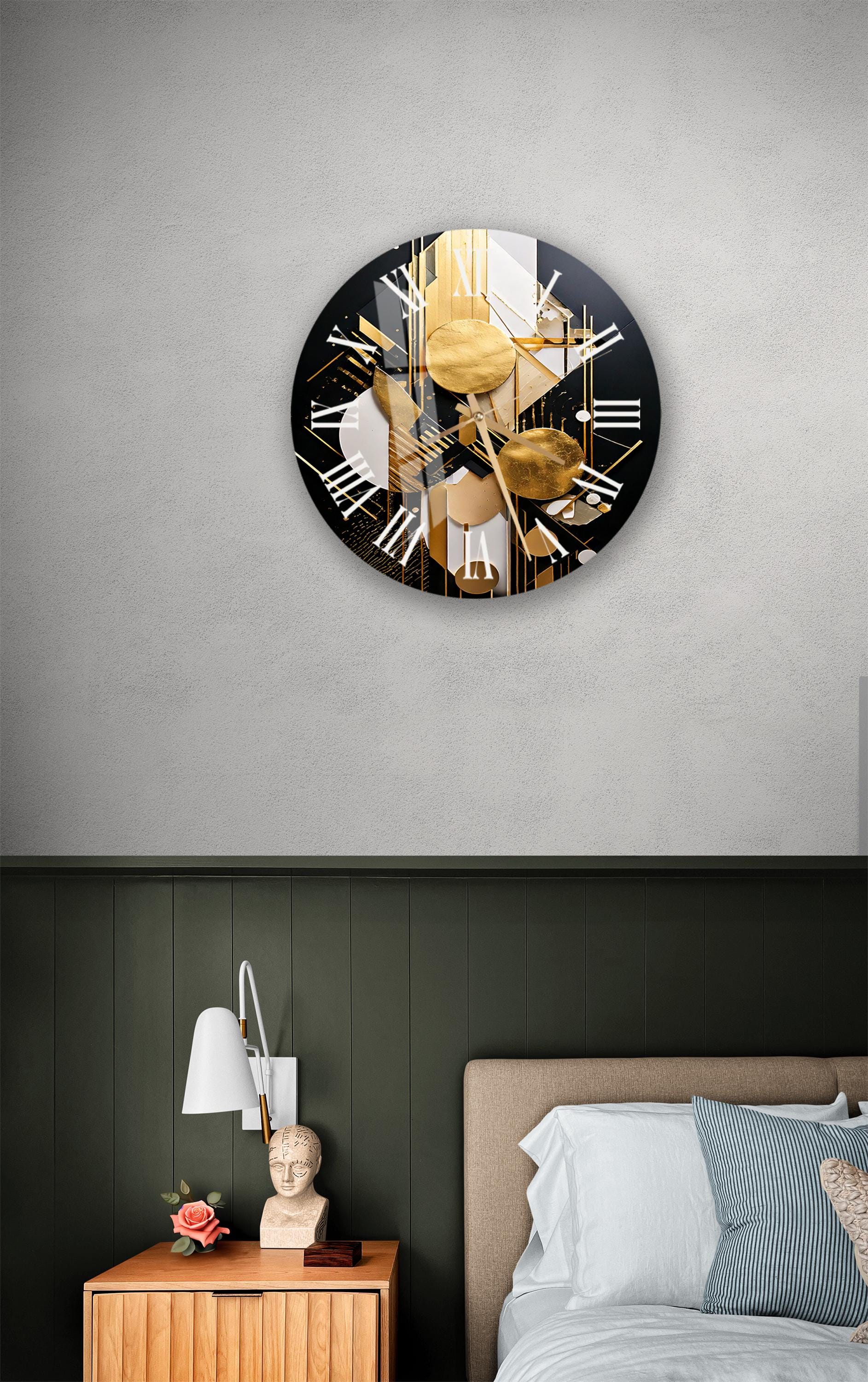 a bedroom with a bed and a clock on the wall