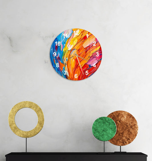 a clock on a wall with a colorful design on it