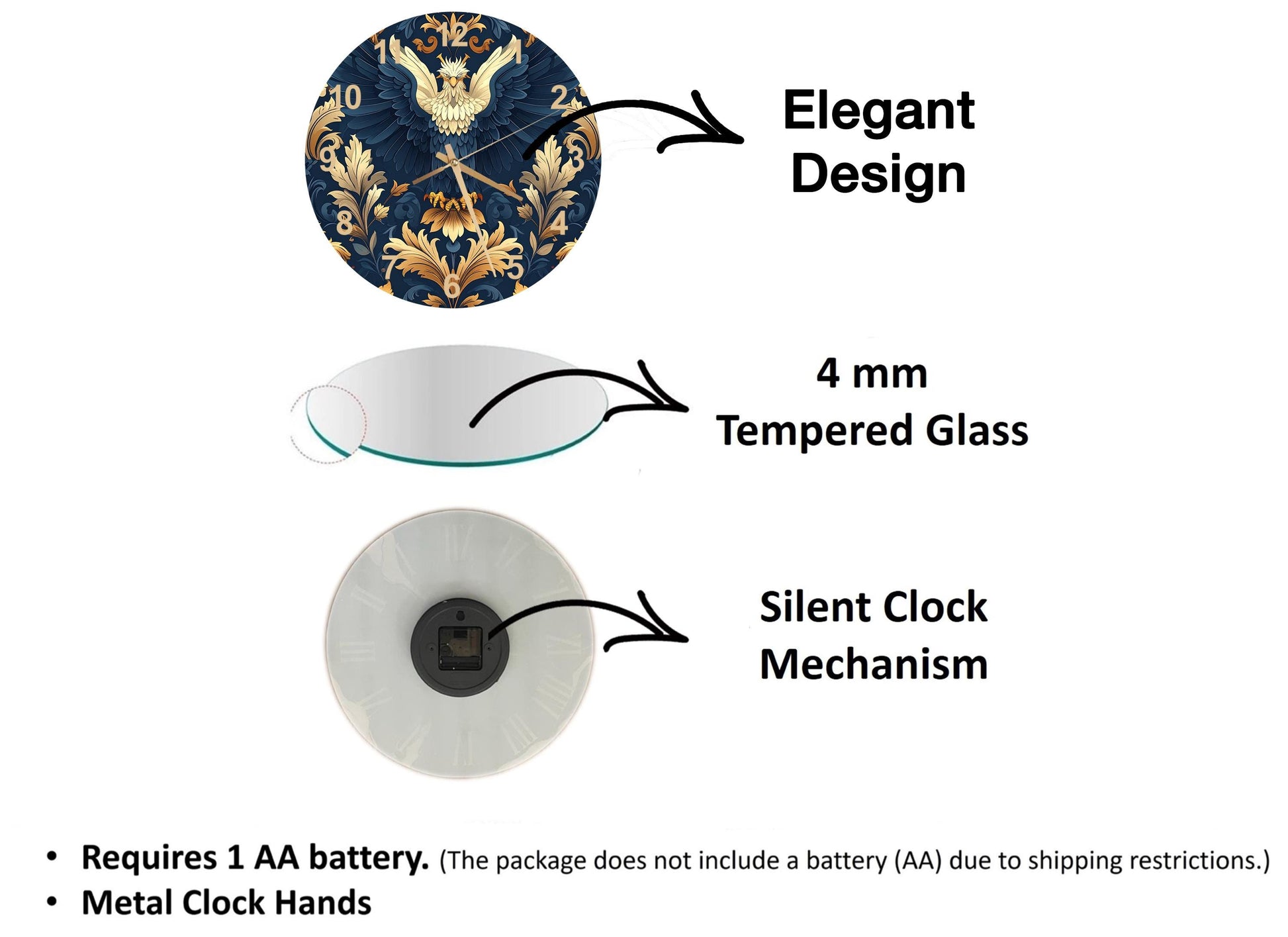 The image is a diagram that illustrates the features of a clock, including its design, materials, and functionality.