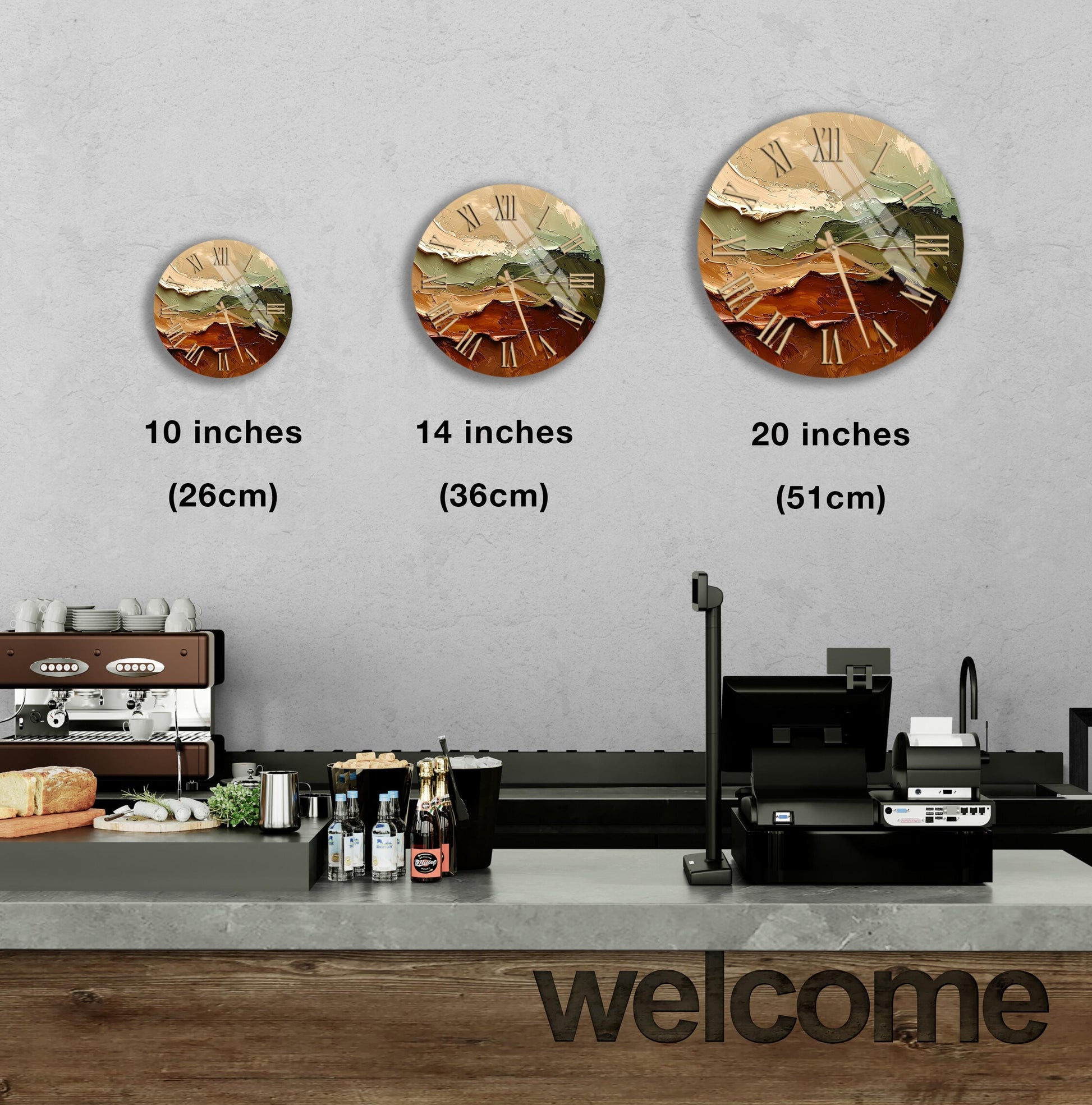 a wall clock with three different sizes, ranging from 10 inches to 20 inches, and a counter with a cash register and various items on it.