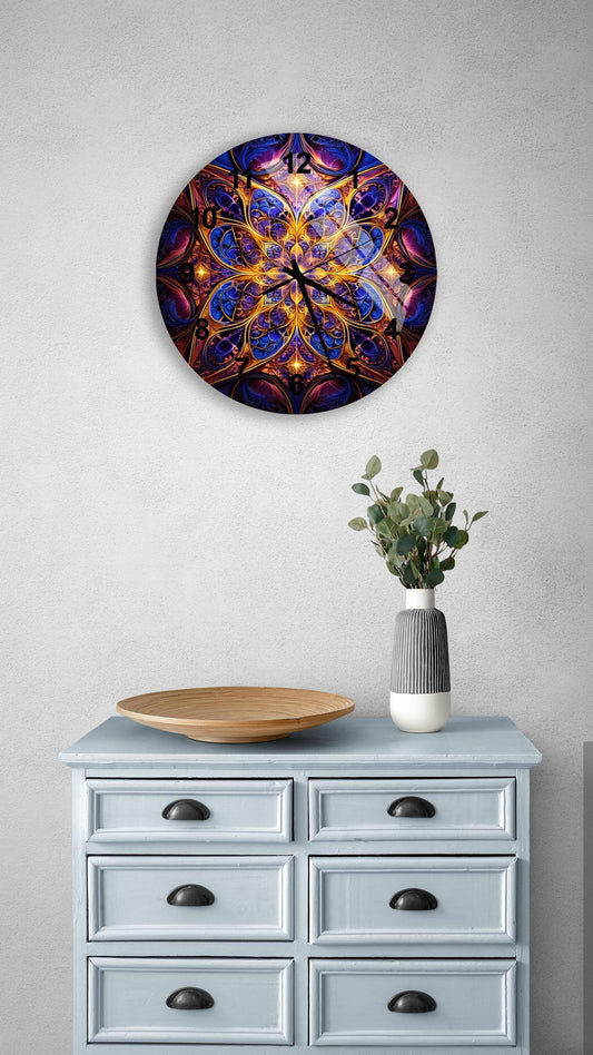 a blue dresser with a bowl on top of it