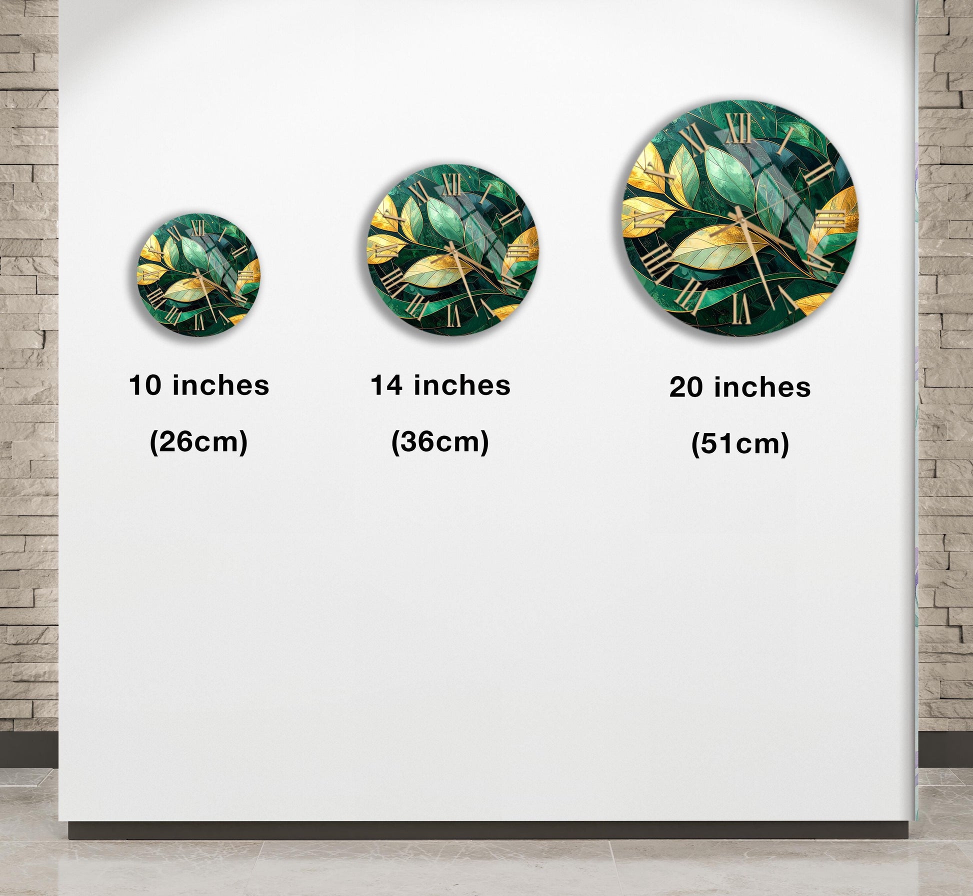 three different clock designs, each with a unique size and style, displayed on a white wall.