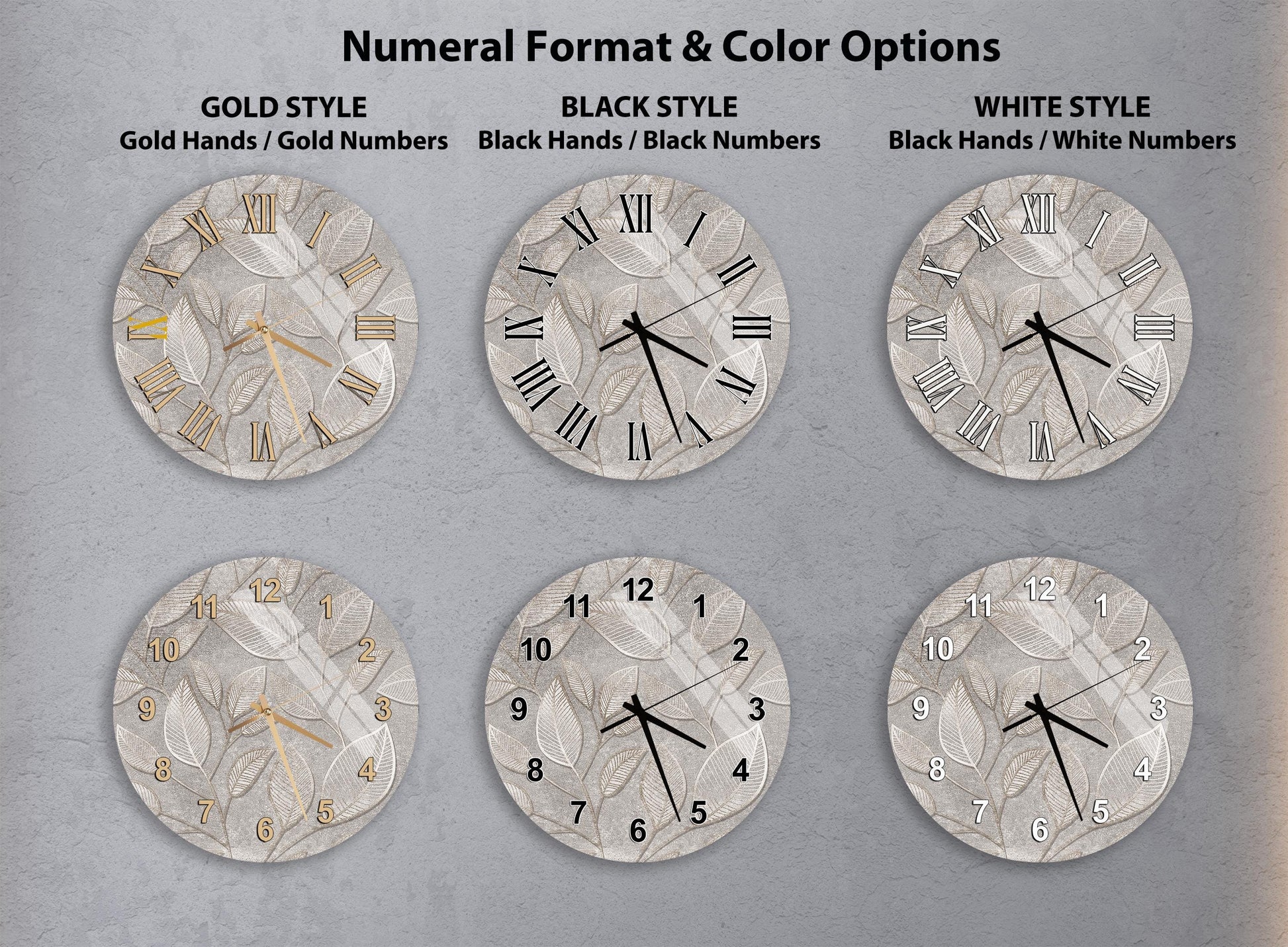 a collection of six clock faces with different styles and color options, arranged in a grid format.