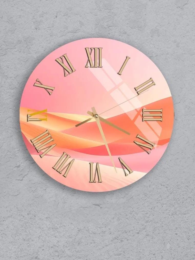 a collection of six round wall clocks with different designs and styles, all featuring pink and orange color schemes.