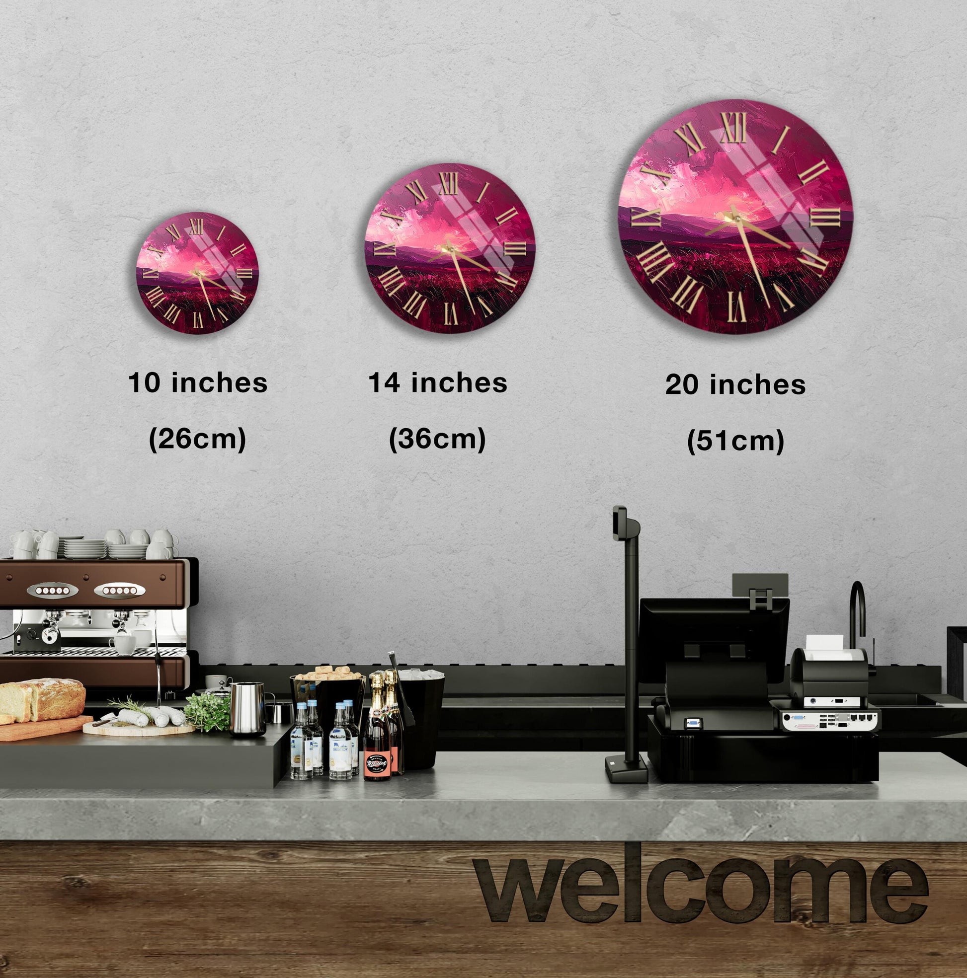 a wall clock with three different sizes, ranging from 10 inches to 20 inches, and a counter with a cash register and various items on it.