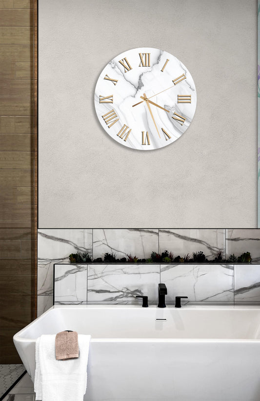 Tempered Glass Wall Clock – White Marble Pattern, Modern Decorative Home Clock