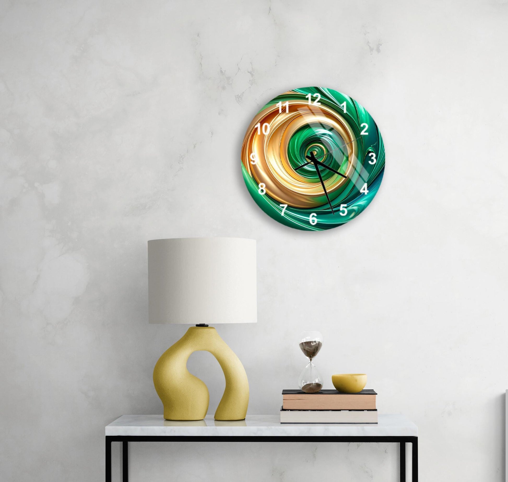a modern clock with a spiral design and a white lamp on a white table.