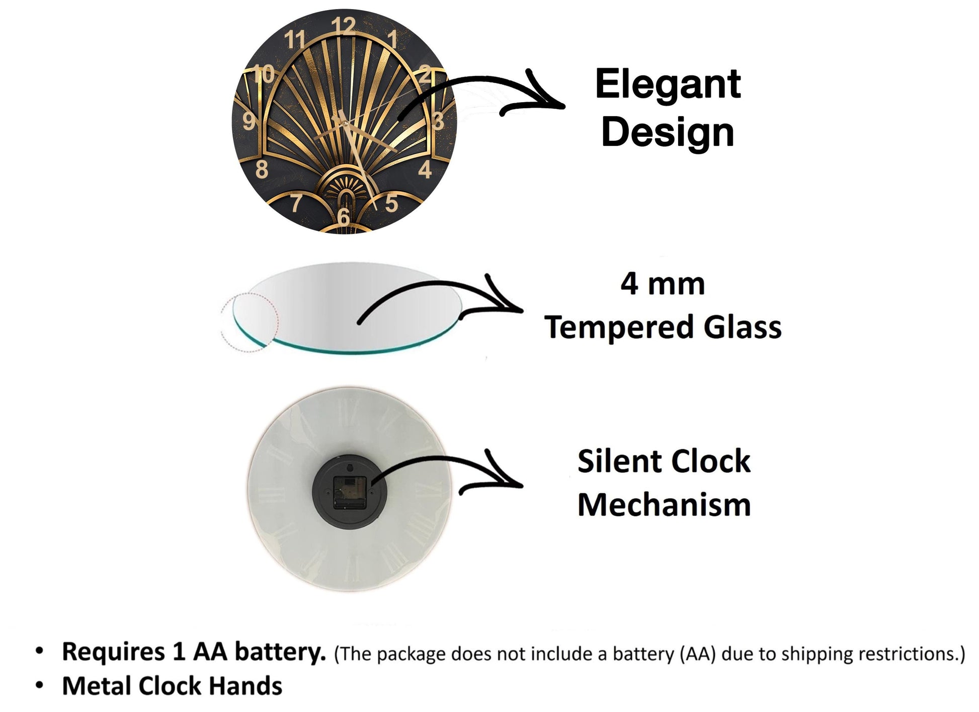 The image is a diagram that illustrates the features of a clock, including its elegant design, the use of 4 mm Tempered Glass, and the silent clock mechanism.