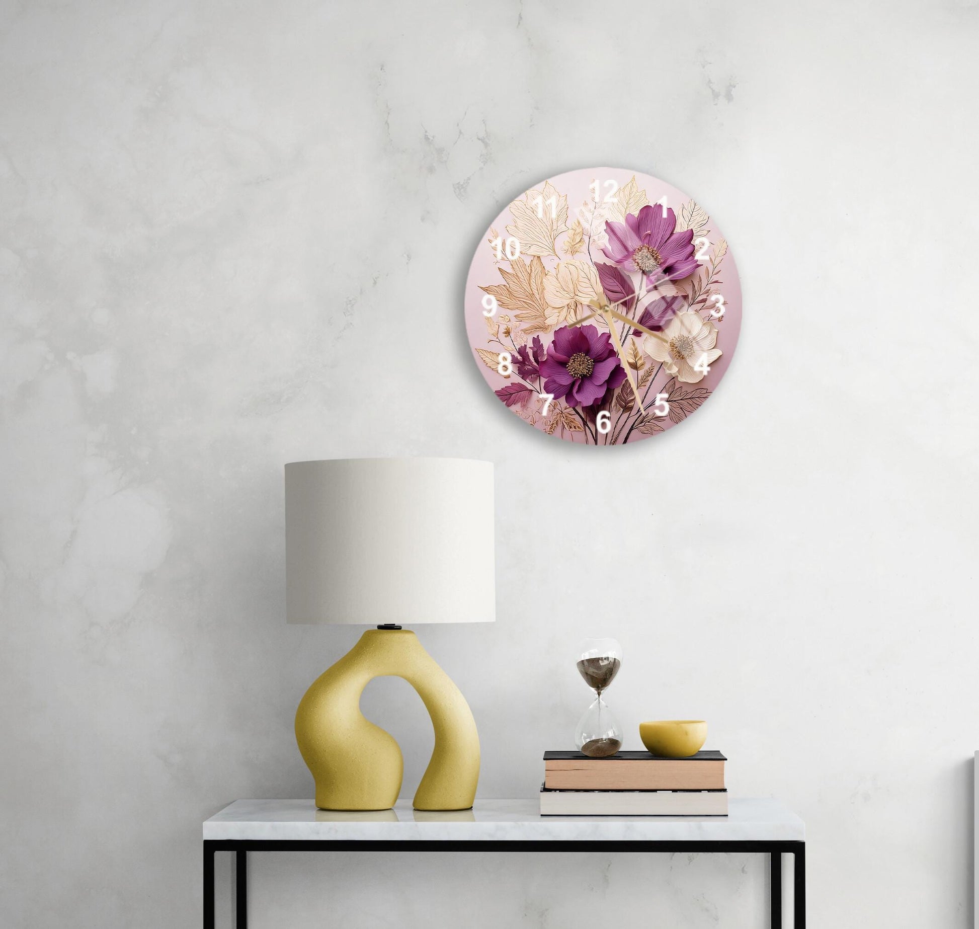 a table with a lamp and a clock on it