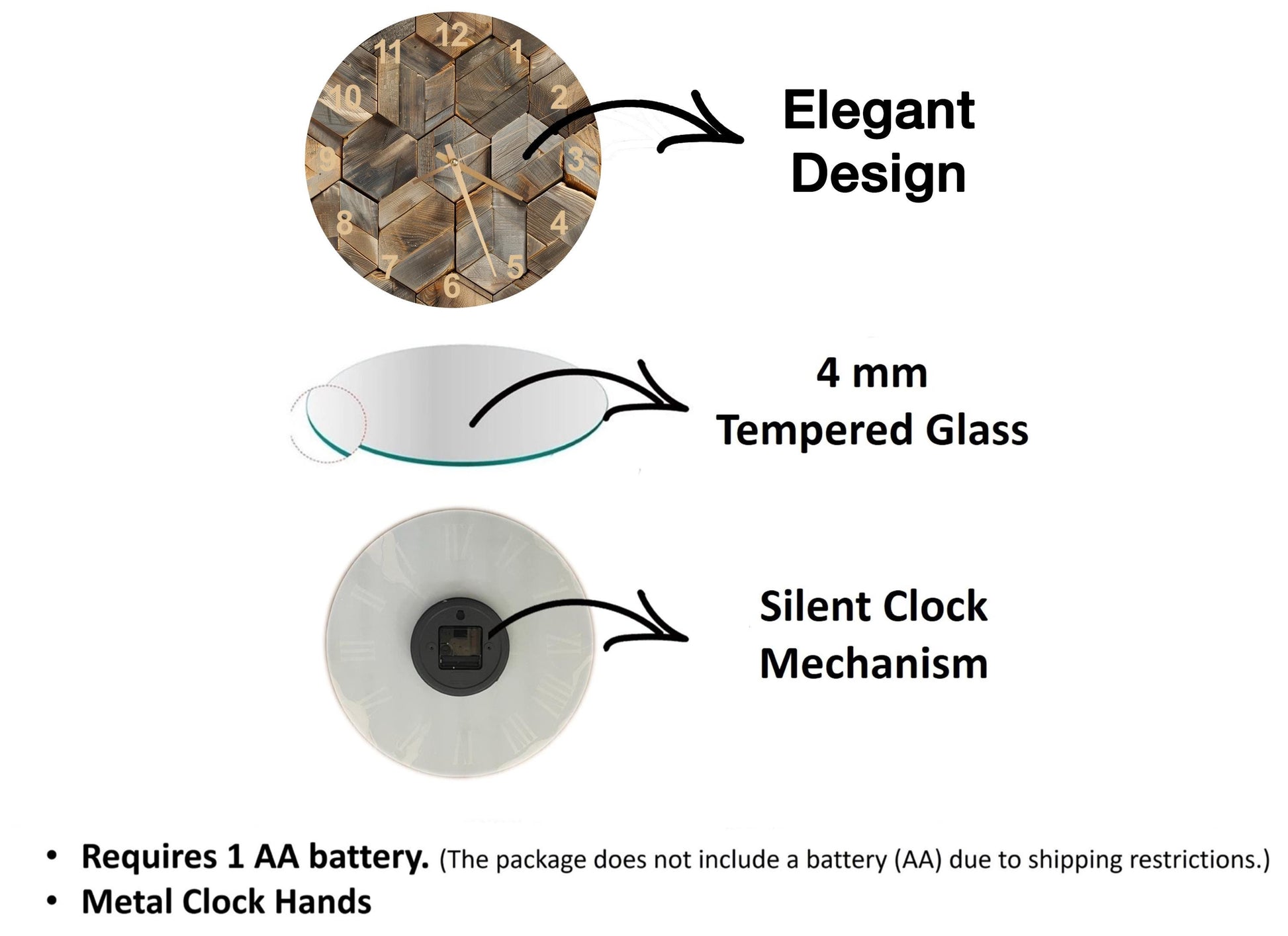 The image is a diagram that illustrates the features of a clock, including its design, materials, and mechanism. It shows a 4 mm Tempered Glass clock, a silent clock mechanism, and a metal clock hand. The diagram also includes text that explains the features of the clock, such as the requirement of a 1 AA battery and the absence of a battery (AA) due to shipping restrictions.
