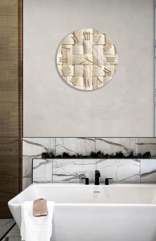 Tempered Glass Wall Clock – Beige Rustic Decor | Woven Pattern, Silent Sweep
