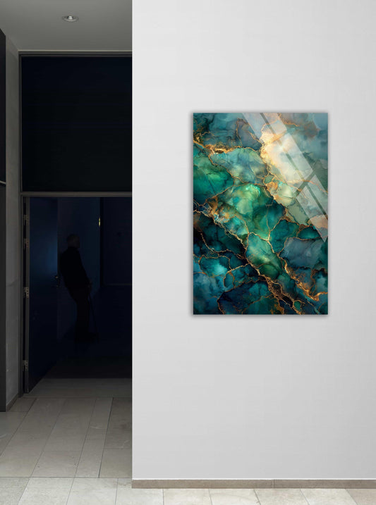 Abstract Tempered Glass Wall Art – Emerald Green Teal Marble Large Geode Print