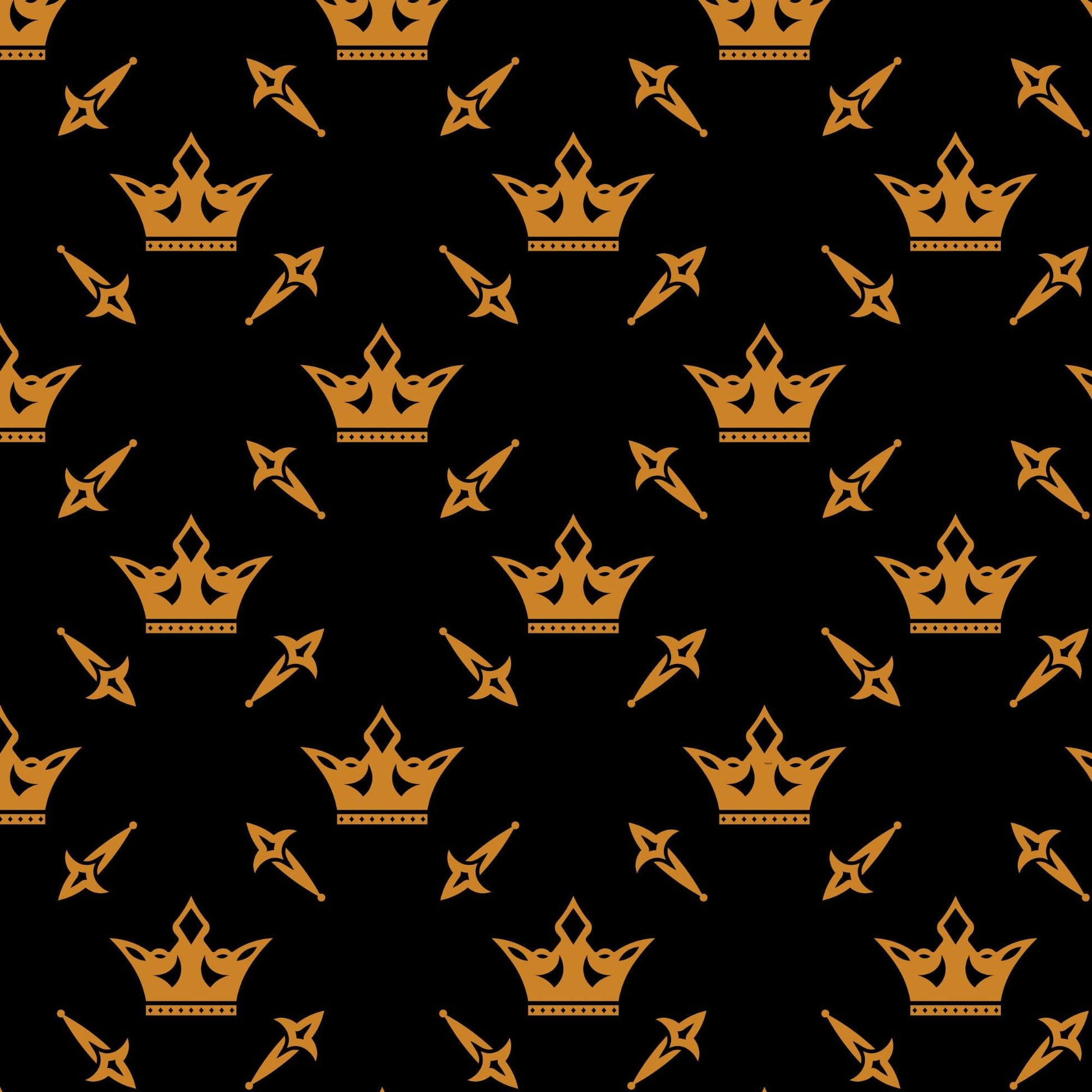 a repeating pattern of golden crowns against a black background.