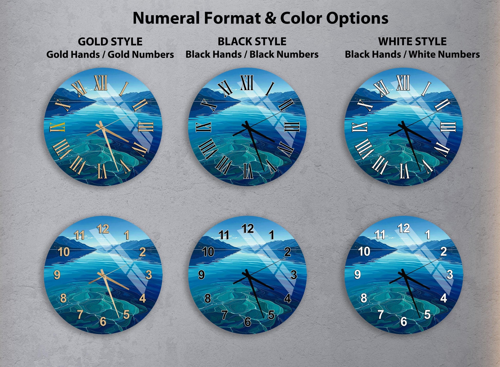 a collection of six clock faces, each with a different color and style, arranged in a grid. The clocks feature various color schemes and styles, including gold hands and numbers, black hands and numbers, and white hands and numbers.