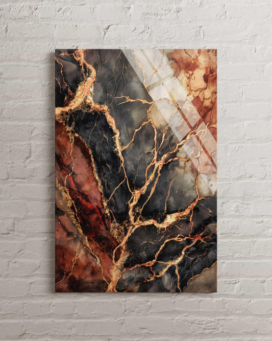 Abstract Tempered Glass Wall Art - Red Black Gold Marble Panel | Luxury Decor