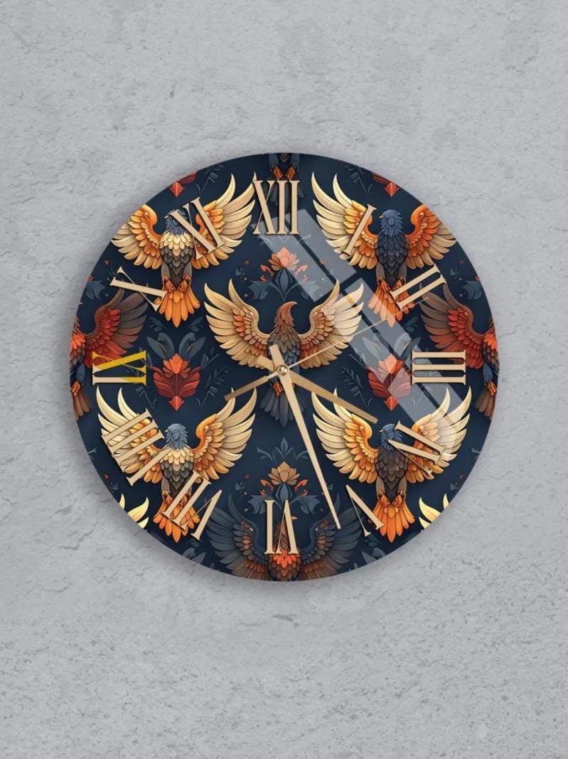 six circular wall clocks with a repeating pattern of winged figures on their faces. The clocks are arranged in a grid, with three clocks on the top row and three clocks on the bottom row.