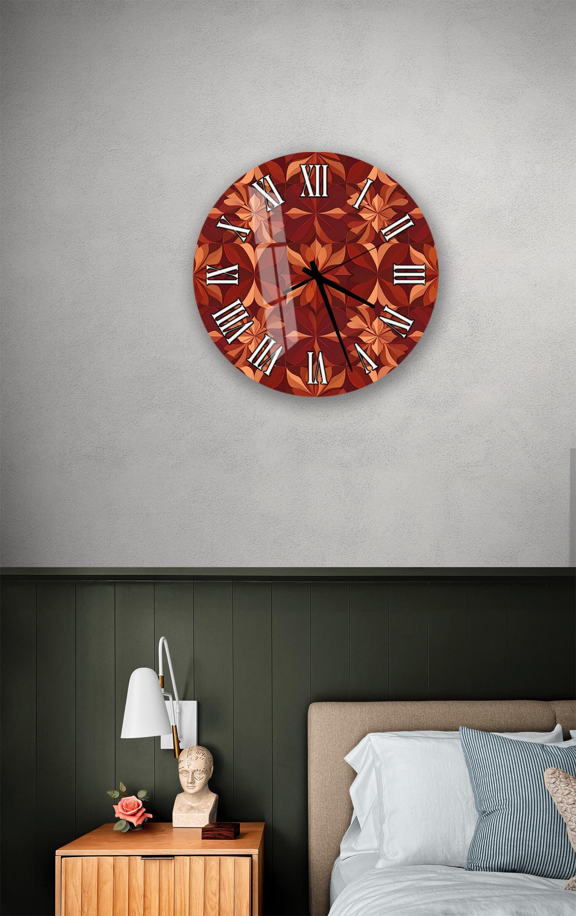 a bedroom setting with a large, round clock with a floral design on the wall above a bed with a white headboard.