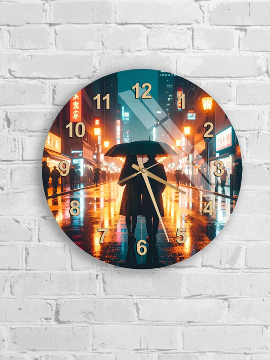 A clock with a photo of a couple walking down a city street at night, holding an umbrella.
